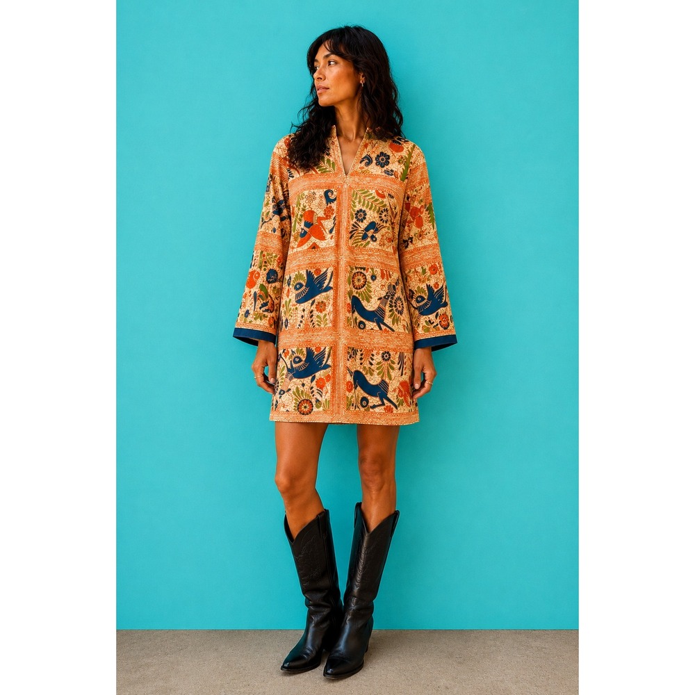 Vintage 60s Bird Batik Mini Dress Size Medium Cotton Folk Art Mod Shift